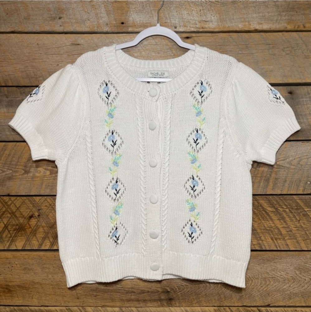 Rachel Zoe Eyelet Floral Embroidered Sweater Cardigan Prairie Cottagecore M